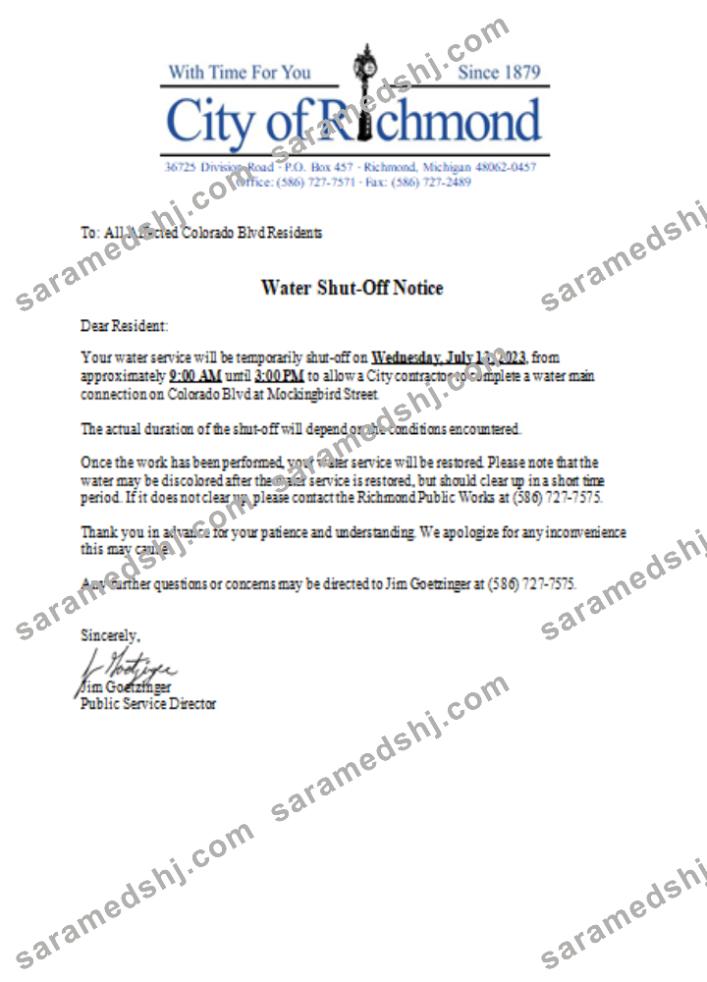 Michigan City of Richmond water shut off notice utility business bill, SCR